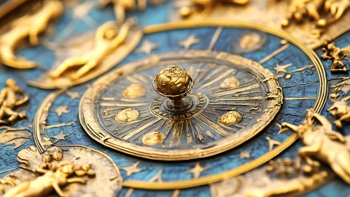 Golden astronomical dial with zodiac reliefs is shown in detail