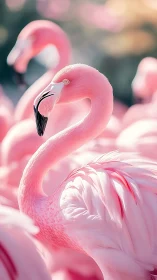 High-key telephoto portrait of sunlit pink flamingo plumage