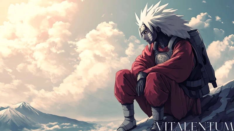 Mountain sage in scarlet robes dreaming beneath wide skies.