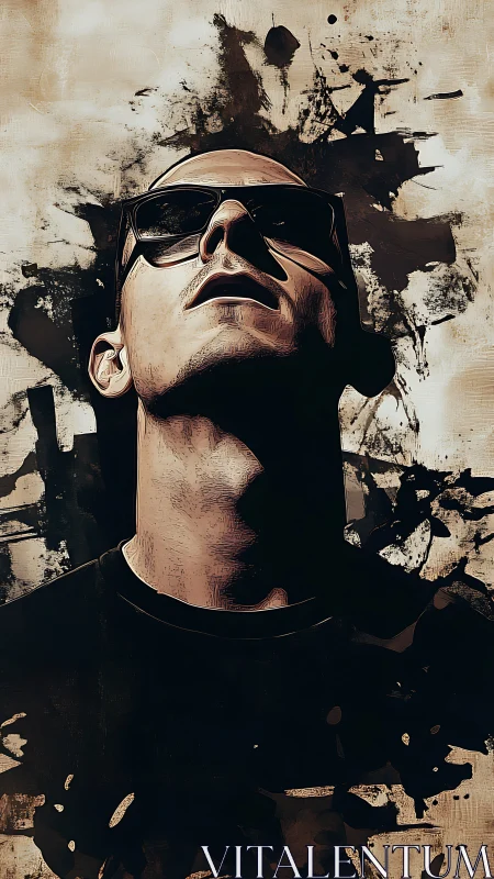 Stylized male portrait with sunglasses and abstract backdrop.