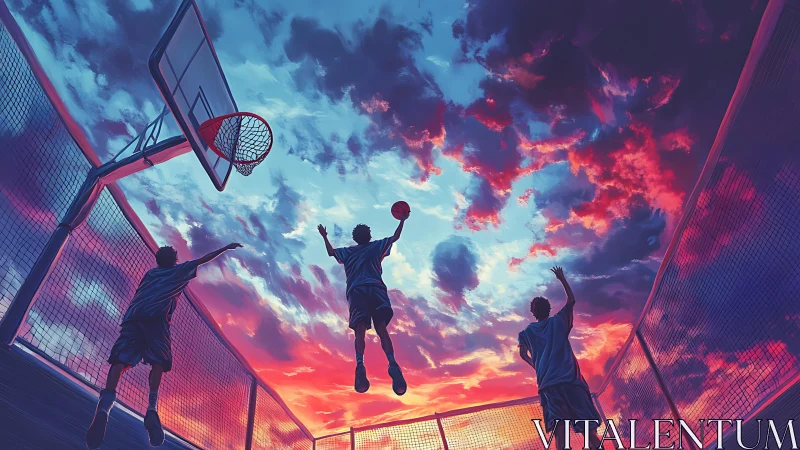 Skyline pickup game under wildfire sunset clouds of motion.