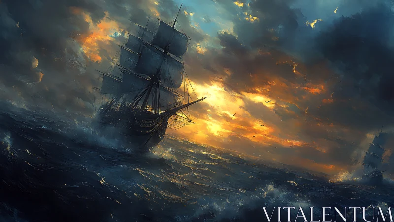 Tall ship under stormy sky on rough ocean at sunset.