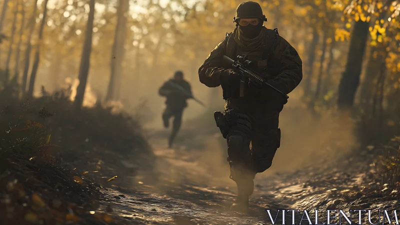 Armed soldiers advance through autumn forest trail at dusk.