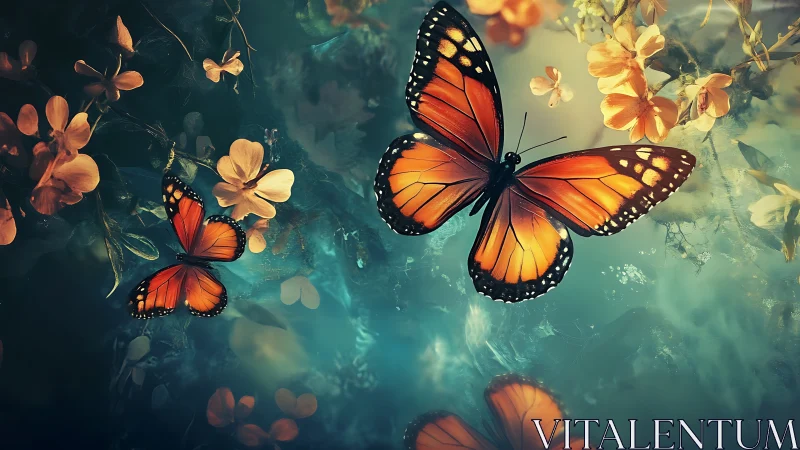 Two orange butterflies move through stylized floral foliage