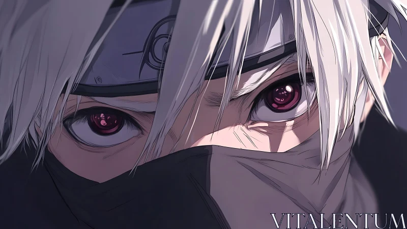 Intense masked fighter portrait with glowing crimson eyes.