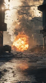 Fireball blooms through a shattered street of metal and dust