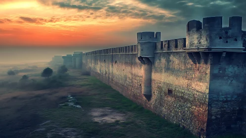 Sunrise along the misty fortress wall of a quiet frontier.