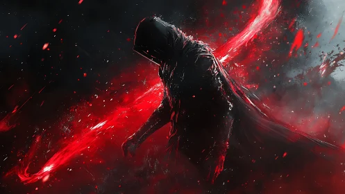 Shadowed reaper emerging through crimson energy storm.