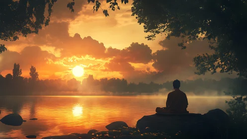 Quiet sunrise meditation by a glowing riverside horizon.