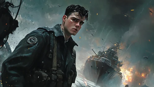 Naval officer framed against burning warship in storm-driven combat