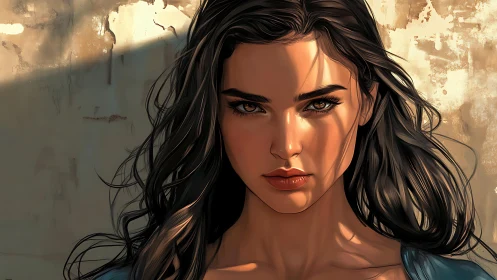 Directional sunlight portrait with hyperreal digital rendering.