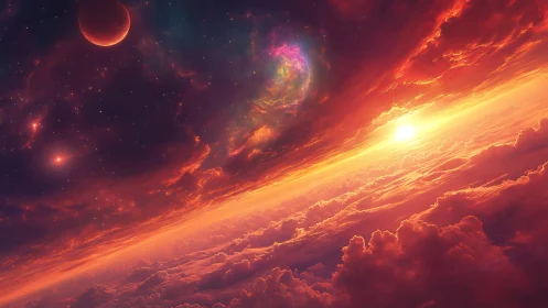 Digital painting of cosmic sunrise above nebular cloudscape.