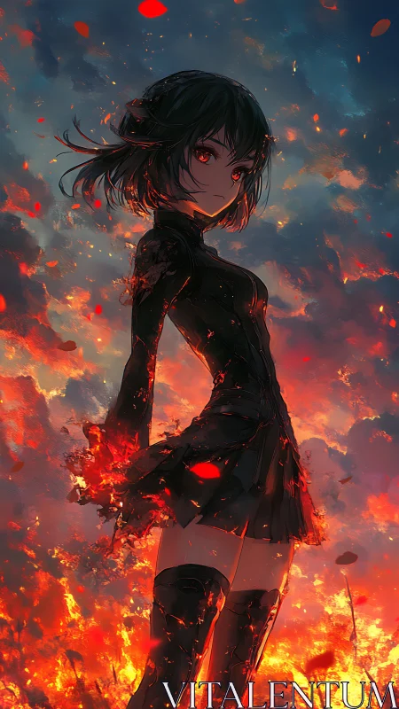Fiery anime heroine stands amid blazing embers at dusk.