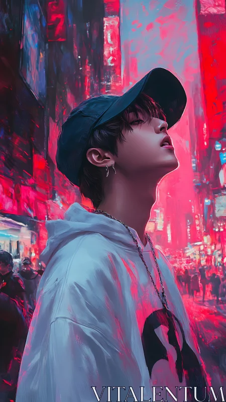 Neon-lit urban portrait isolates a hooded youth in digital haze