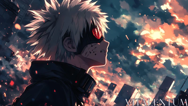 Masked anime hero gazes at blazing cyberpunk skyline.