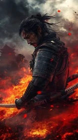 Samurai warrior in burning battlefield with cinematic lighting.