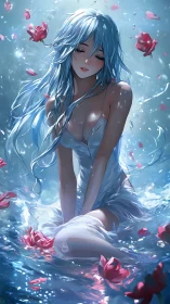 Hydrodynamic anime siren immersed in refracted blue light.