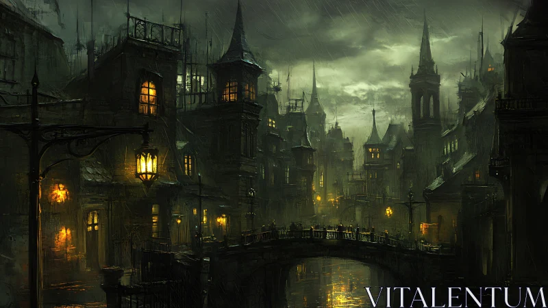 Gloomy gothic city street shows bridge over canal at night