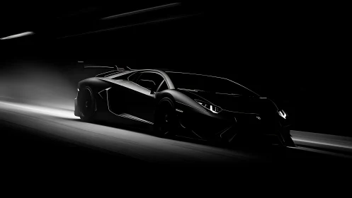 Low light profile of black sports car in motion underground.