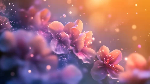 Luminous Flowers with Glowing Particles in Warm Light