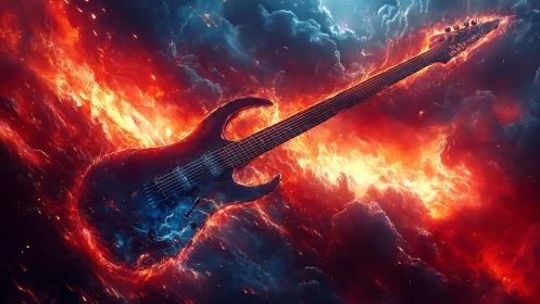 Digital painting of fiery electric guitar in cosmic stormscape.