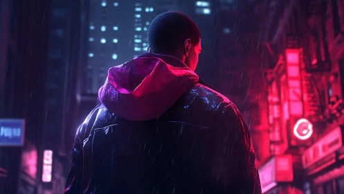 Lone figure walks neon city street under pouring rain.