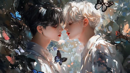 Romantic digital portrait of two youths amid swirling butterflies