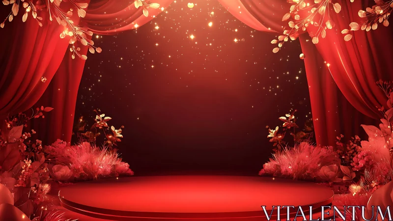 Red stage with curtains, floral decor and glowing lights.