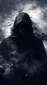 Shattered shadow wraith emerging from a storm of midnight ash.