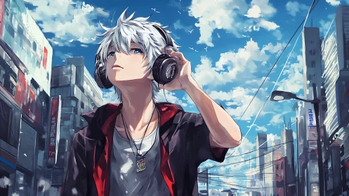 Urban sky listener with headphones under vivid clouds.