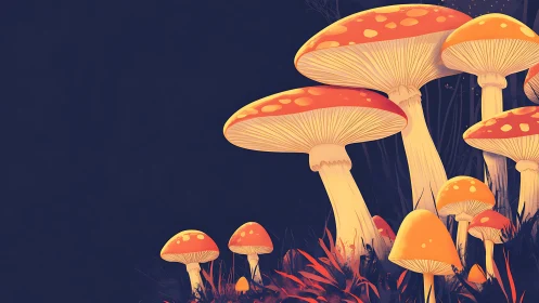 Digital nocturnal mushroom grove with bold negative space layout.