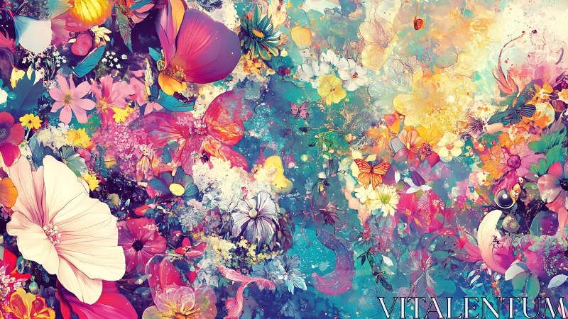 Dense digital field of multicolored flowers and butterflies.