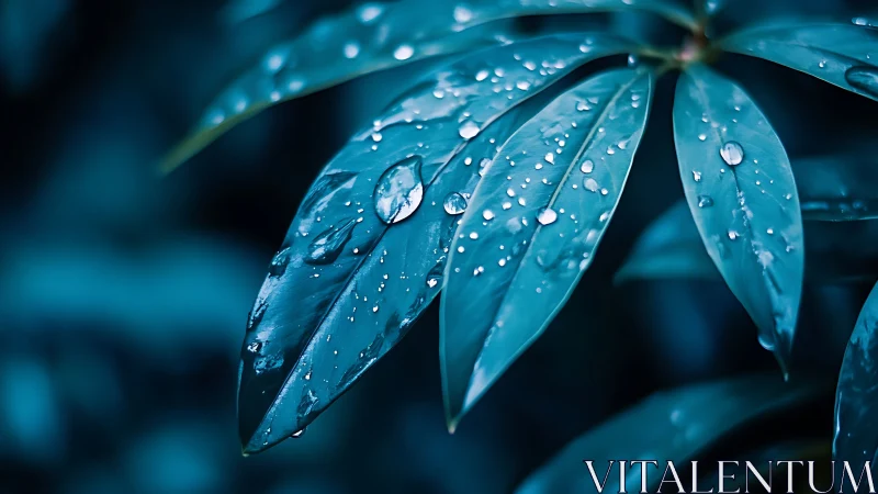 Raindrops linger on blue-tinted leaves in tranquil close-up.