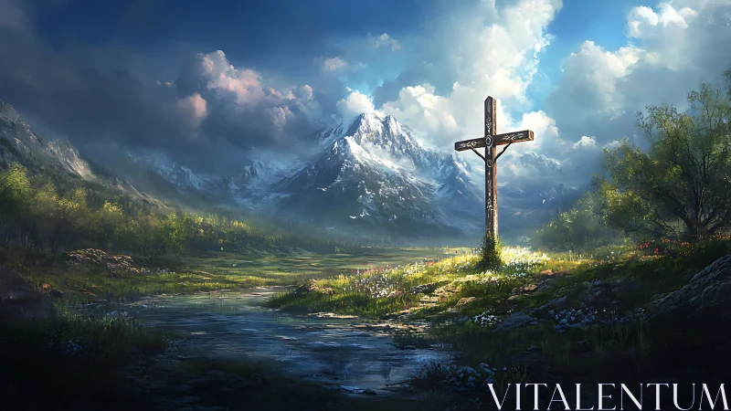 Sunlit valley cross keeps quiet watch on snow crowned peaks