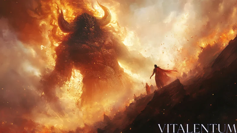 Infernal titan confronting cloaked wanderer in burning rift.