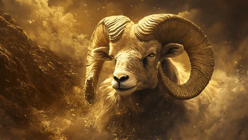 Ram head emerges from swirling golden dust and rock clouds
