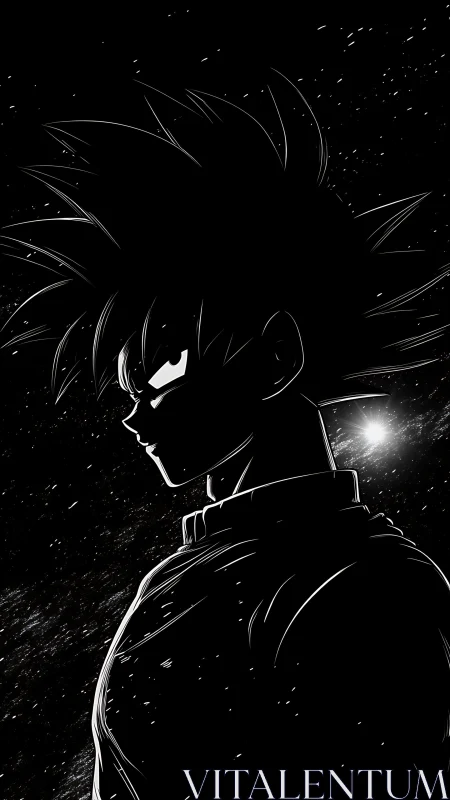 High-contrast anime silhouette under starfield with rim lighting