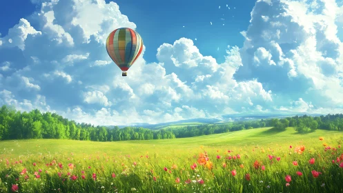 Digital pastoral landscape with hot air balloon and florals.