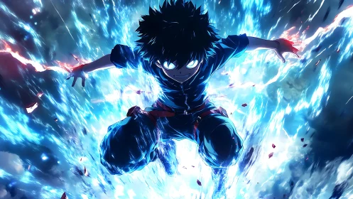 Charged anime hero lunges through explosive blue energy field.
