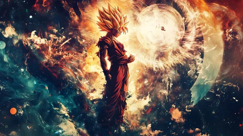 Cel-shaded warrior silhouette against turbulent cosmic energy vortex