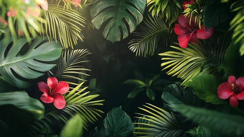 Lush tropical leaves and red hibiscus in gentle jungle light.