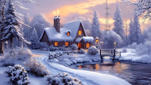 Snowlit cottage dreams glow warmly beneath winter dusk