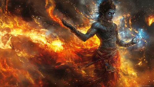 Mythic blue-skinned deity conjuring fire and lightning vortex