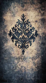 Ornate damask emblem on distressed grunge textured ground.