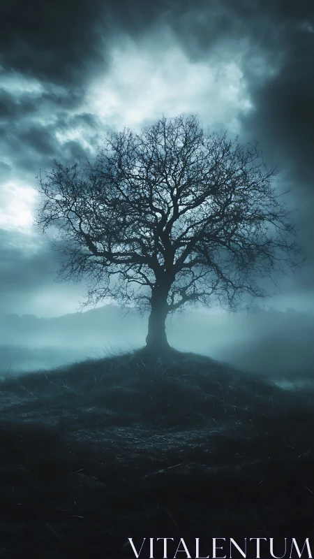 Solitary hilltop tree stands calm beneath stormy twilight sky