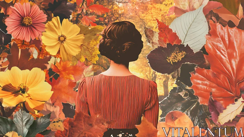 Woman stands within vivid autumn collage of flowers and leaves