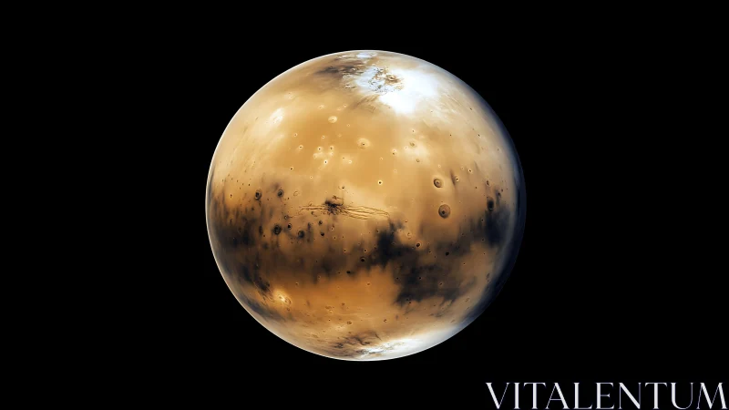 Spherical brown planet with dark surface markings in space.