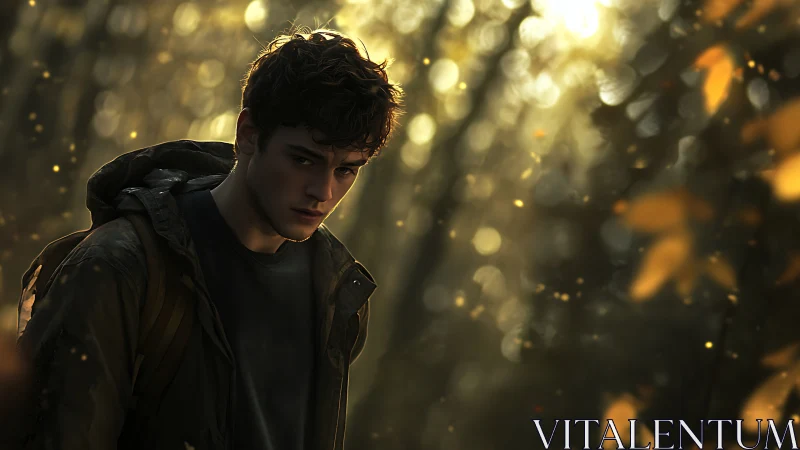 Brooding young man walks through golden autumn forest dusk.