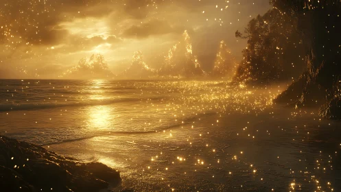 Rendered coastal shoreline under dense golden particle field