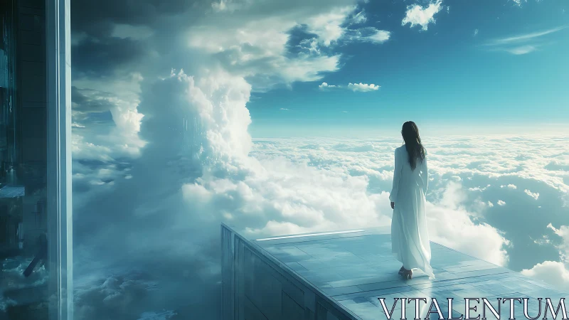 Serene dreamer in white gently explores a glowing sky terrace